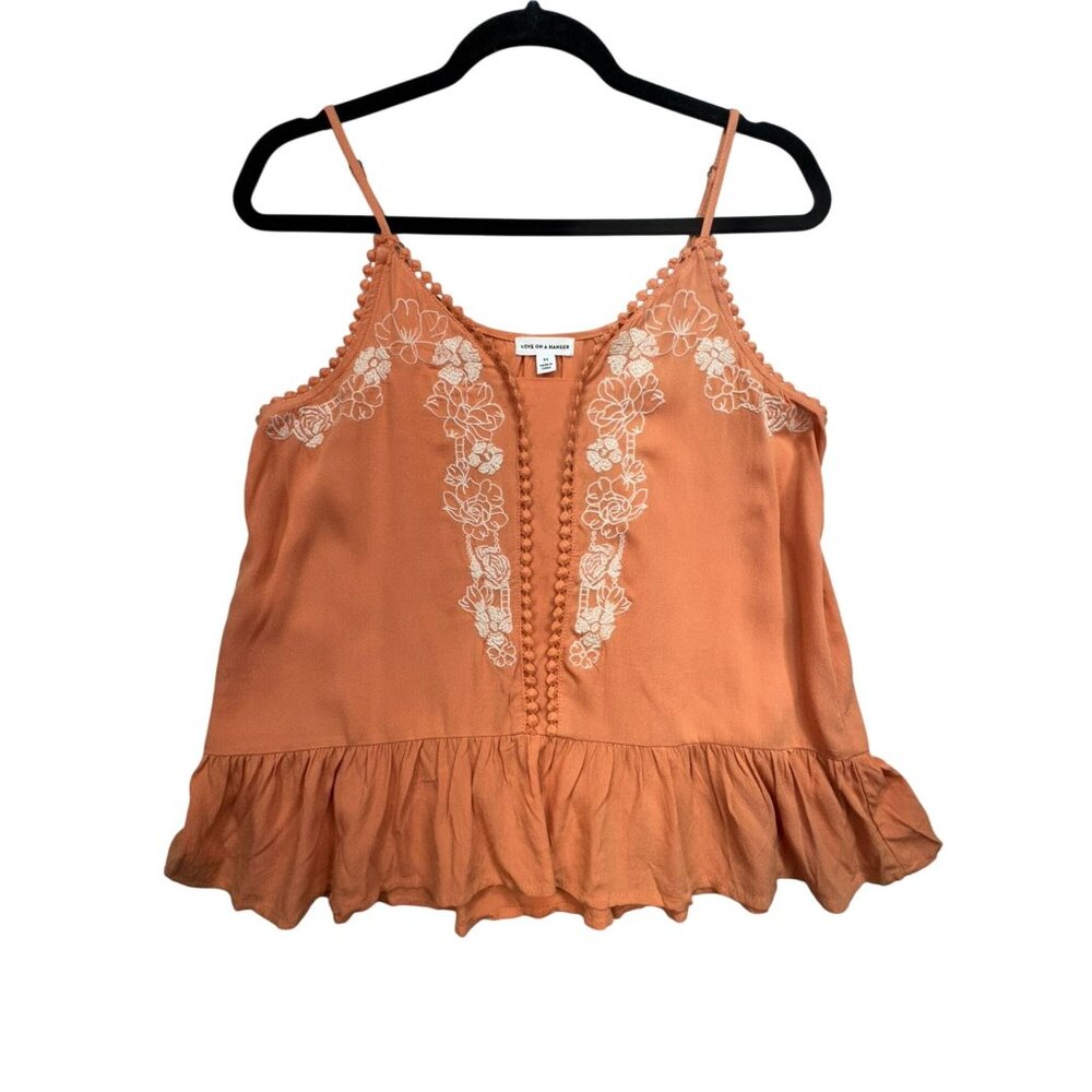 Womens Tank Top Size M Orange Embroidered Ruffle Hem Boho Y2K